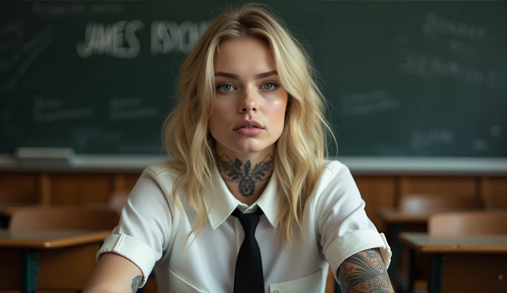 Actress Ellen Fanning sits in what appears to be a classroom setting. He has long blond hair and wears a shirt with a tie., which adds a formal yet youthful touch to your appearance. His gaze is directed towards the viewer, with a calm and introspective expression, that together with his slightly parted lips, adds to your contemplative attitude. His most notable features include the tattoo visible on his neck, what does it say "cali" in a delicate handwriting, and another intricate tattoo on his arm, which suggests a mix of elegance and nervousness in his character. the bottom, although slightly blurry, clearly shows traditional classroom elements, like desks and blackboards that are written "JAMES PSYCHOLOGY", that contrast with its modern and somewhat rebellious aesthetic. This juxtaposition evokes a sense of individuality and defiance against conventional environments.