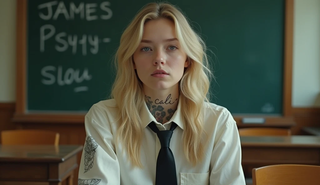 Actress Ellen Fanning sits in what appears to be a classroom setting. He has long blond hair and wears a shirt with a tie., which adds a formal yet youthful touch to your appearance. His gaze is directed towards the viewer, with a calm and introspective expression, that together with his slightly parted lips, adds to your contemplative attitude. His most notable features include the tattoo visible on his neck, what does it say "cali" in a delicate handwriting, and another intricate tattoo on his arm, which suggests a mix of elegance and nervousness in his character. the bottom, although slightly blurry, clearly shows traditional classroom elements, like desks and blackboards that are written "JAMES PSYCHOLOGY", that contrast with its modern and somewhat rebellious aesthetic. This juxtaposition evokes a sense of individuality and defiance against conventional environments.