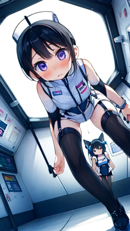 (Highest quality), (masterpiece), 1080P, High resolution, 4K, 8k, Inside the space station、Futuristic room、Thigh straps, Shooting from directly below, The woman on top of me, 白いSweat, Covered , Sweat, Woman looking down, Skirt swimsuit, Thigh-high socks, To achieve this, 16 years old, , whole body, Black leather shoes, Braided hair, Inner Color, Embarrassed face, Short black hair, bracelet, Bedroom,celestial body_Vest
