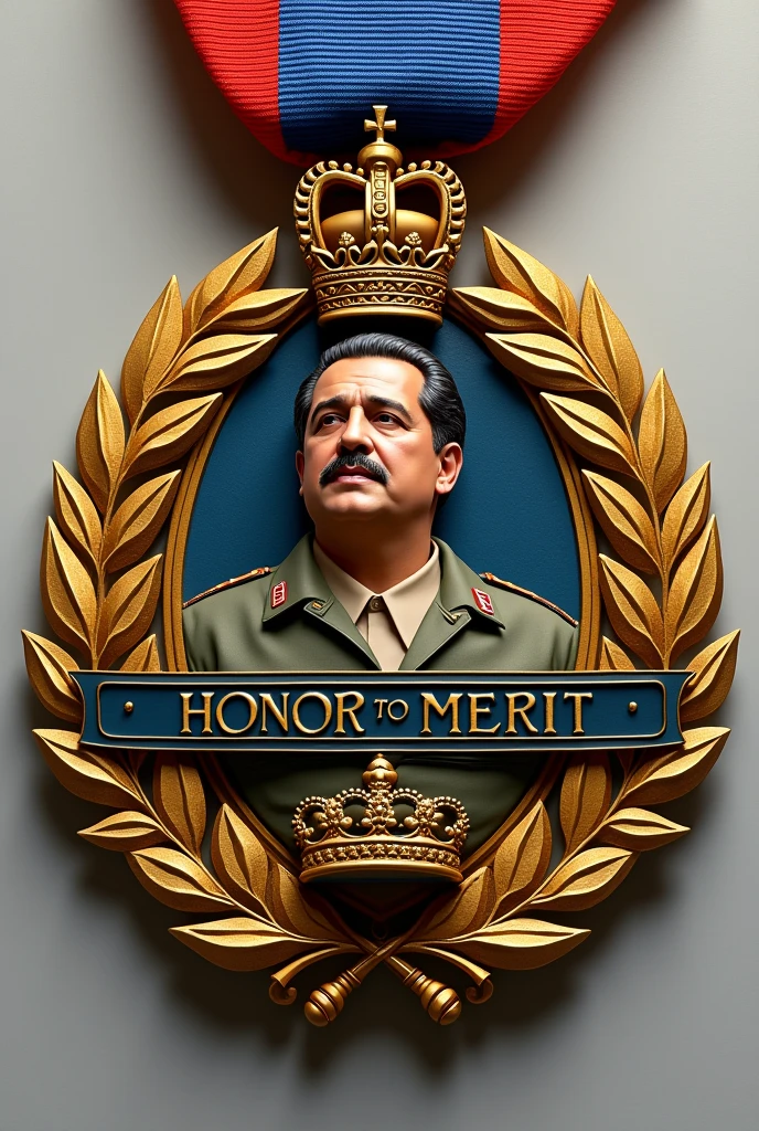 I want you to give me a military decoration in the form of a horizontal bar., what say "Honor to Merit" in Spanish, surrounded by golden laurels, and at the beginning of the bar there is the face of young Hugo Chavez. Above the rainbow bar it should say "Political Link Los Salias"