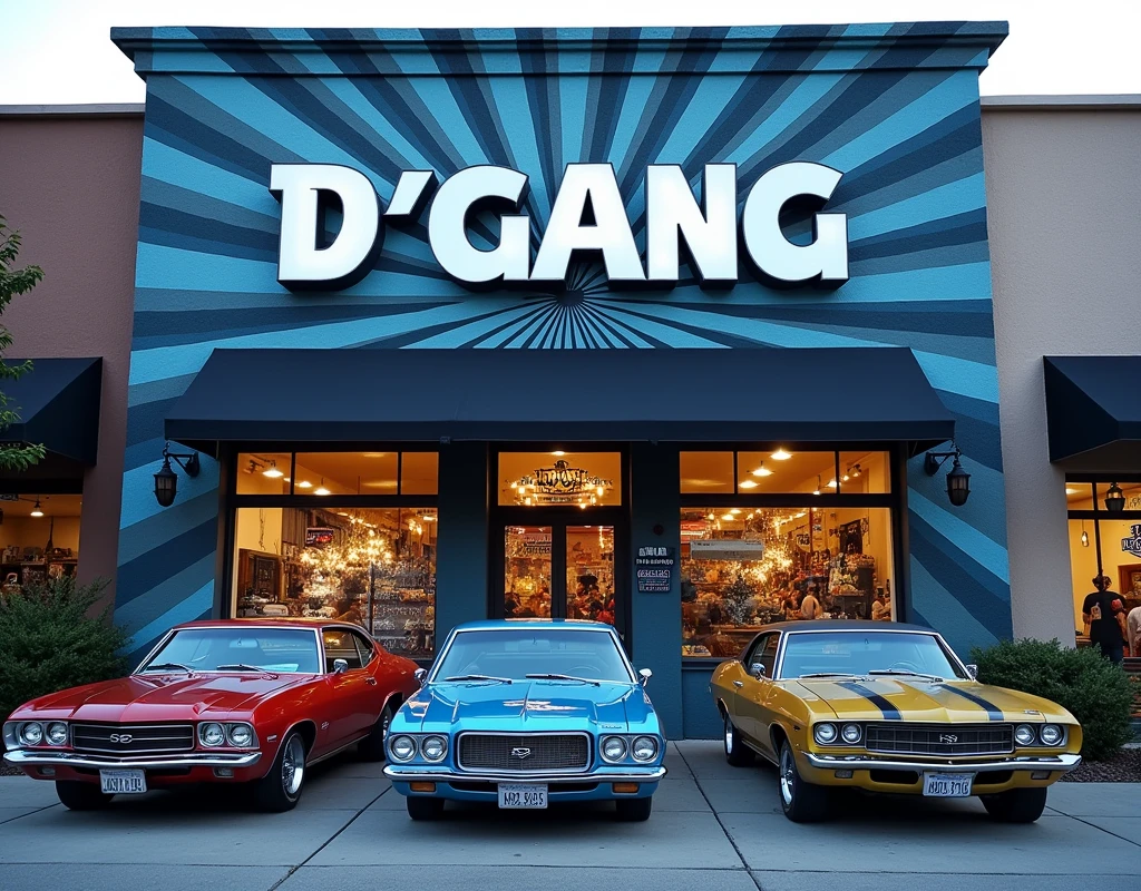 Front of a music label named D"GANG in capital letters on the facade with graffiti font, blue-gray ray color, hip hop, trapp and lowrider cars at the entrance