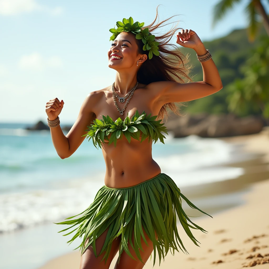 Highest quality, High resolution,Hawaiian Hula Dance、、Expressing movement 、Dancing on the beach、Gloss、Sharp Focus、photograph、