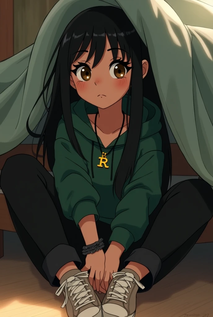 I want a Disney version girl dressed in black pants and a green hooded sweatshirt. The girl has long black hair, long eyelashes, a red mouth. She is white-skinned and has brown eyes. She has cover sneakers. She has a pendant on her neck that has the letter R on it. She has black bracelets on her hands. She is sitting under her bed listening to music.