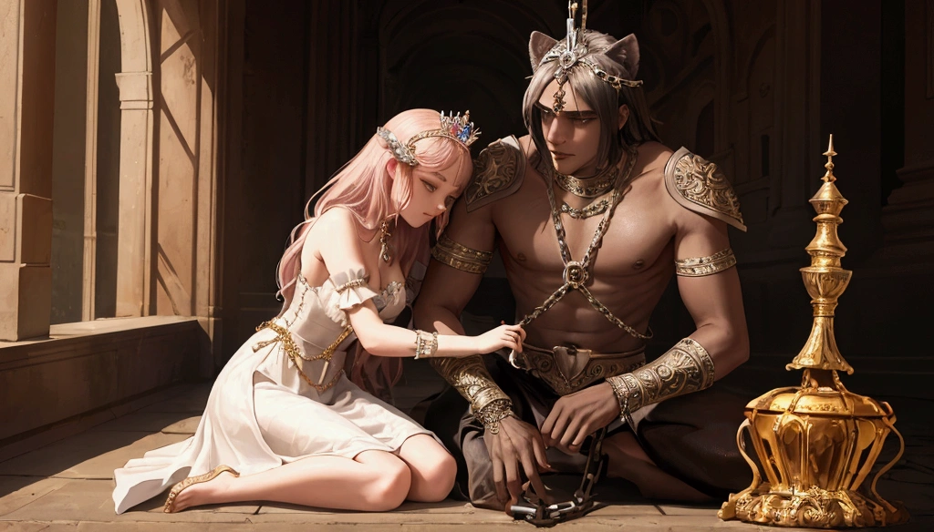 a princess sat on the floor with her body chained, behind her, the evil prince hugged her