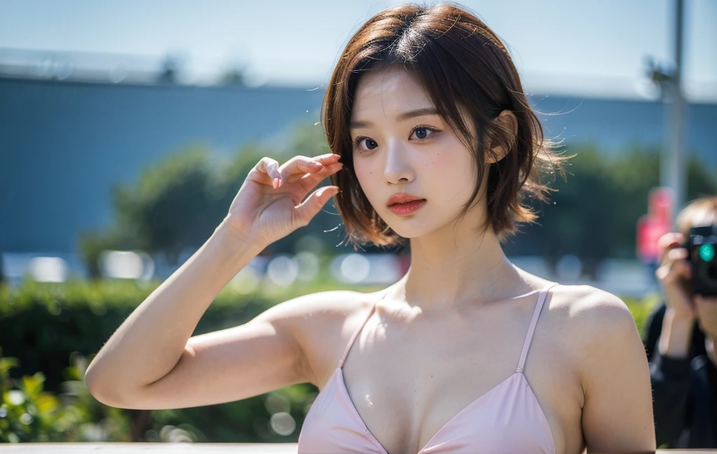 Best quality, masterpiece, ultra high res, (photorealistic), raw photo,1girl, skinny, upper body,solo, realistic, looking at viewer, short hair, bokeh background, shool background ,brown eyes, narrow sporty bikini, very big boobs