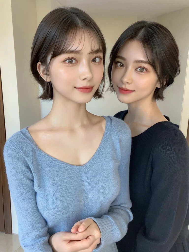 (masterpiece:1.3), (8k, Photoreal, Raw photo, best image quality: 1.4), Japanese high school girl、(random hairstyle:1.2)、cleavage:1.5、super detail face、eye for details、double eyelid、chest to chest、sharp focus:1.2、Beautiful woman:1.4、light brown hair、highest quality、masterpiece、超A high resolution、(Photoreal:1.4)、Highly detailed and professionally lit smiles、loose and light knitwear、shoulder out、thin、serious expression、short haired、deadly position
similar identical twins
All the girls have the exact same face, The two have the same face and figure, as if they were mirror images.