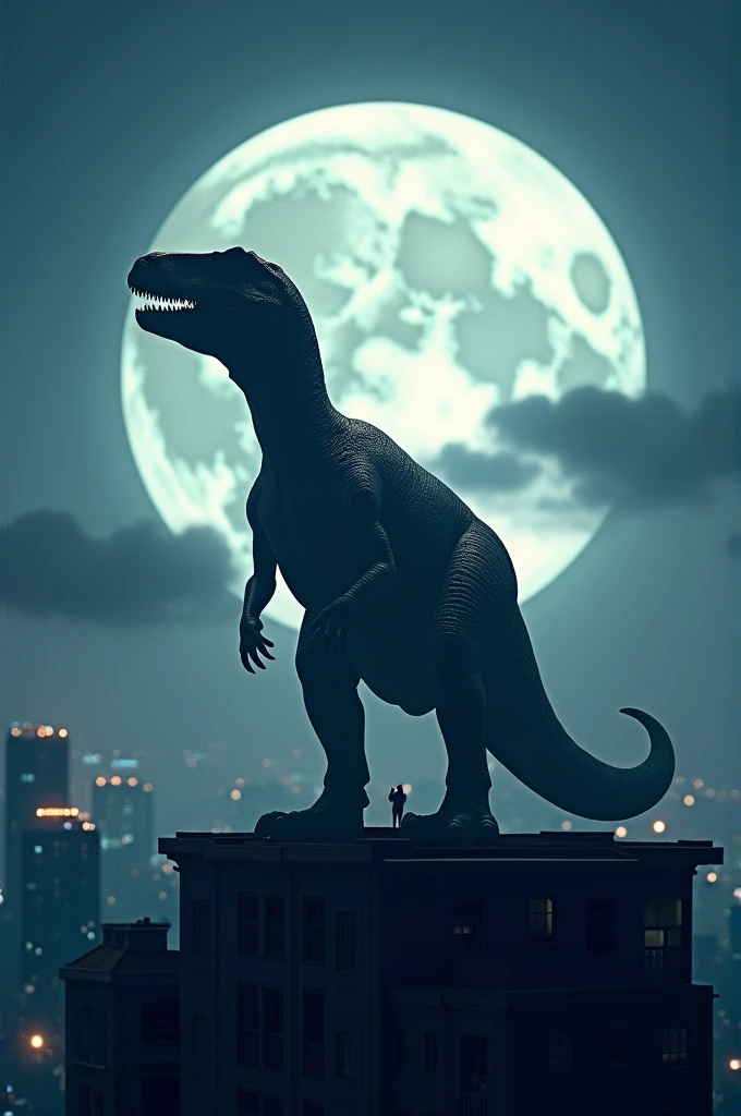 Dinosaur standing on rooftop full moon light airy night scene realistic shot