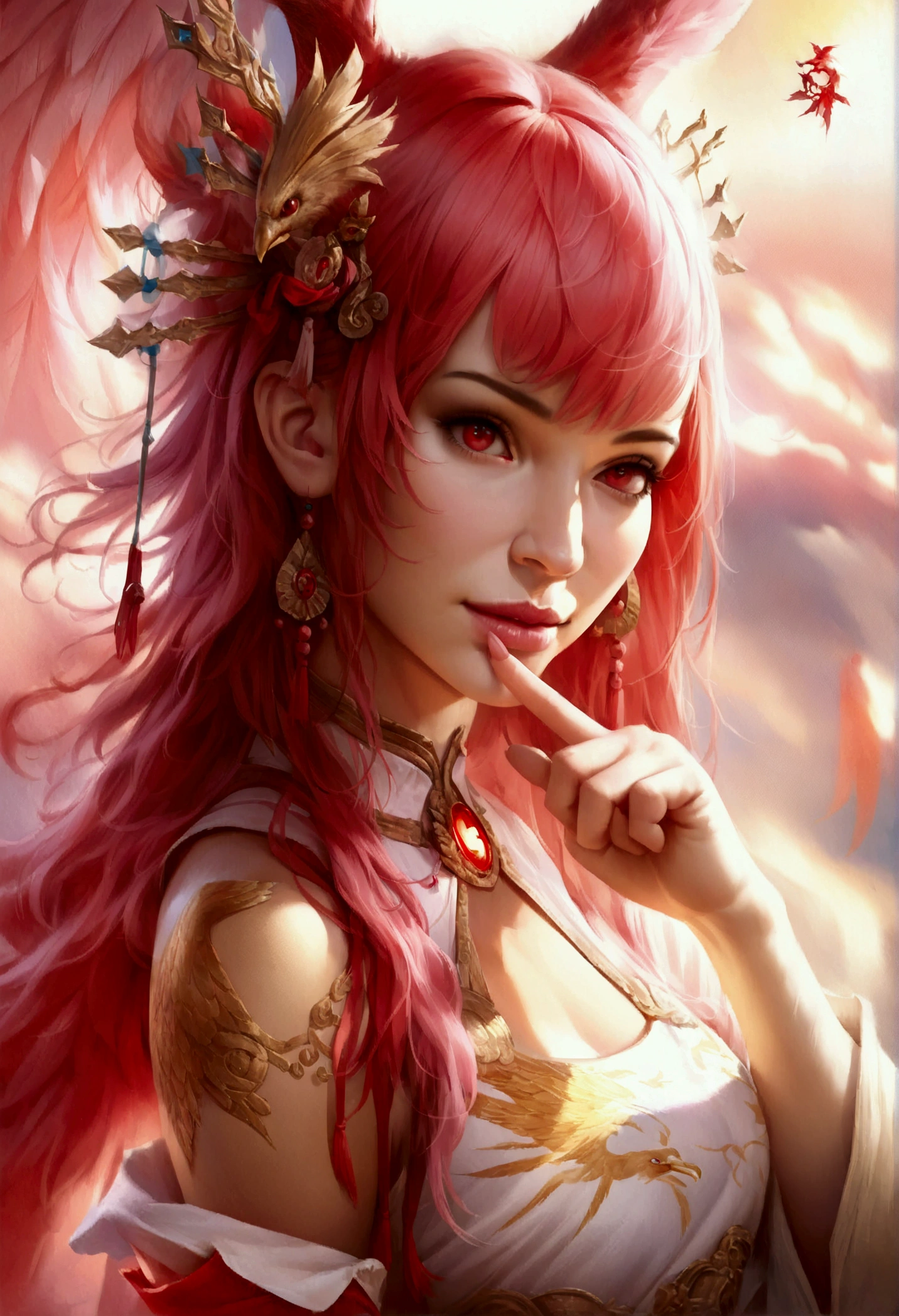 (Excellent: 1.2, Highest quality), (Realistic, Photorealistic: 1.4), Beautiful illustration, Low angle, Game, Ming Chao, Character, Long distance, Pink hair, Red eyes, Provocative smile, Index finger on lips, Perfect fingers, Perfect limbs, Two arms and legs, Beautiful clothes with a phoenix motif,NFSW