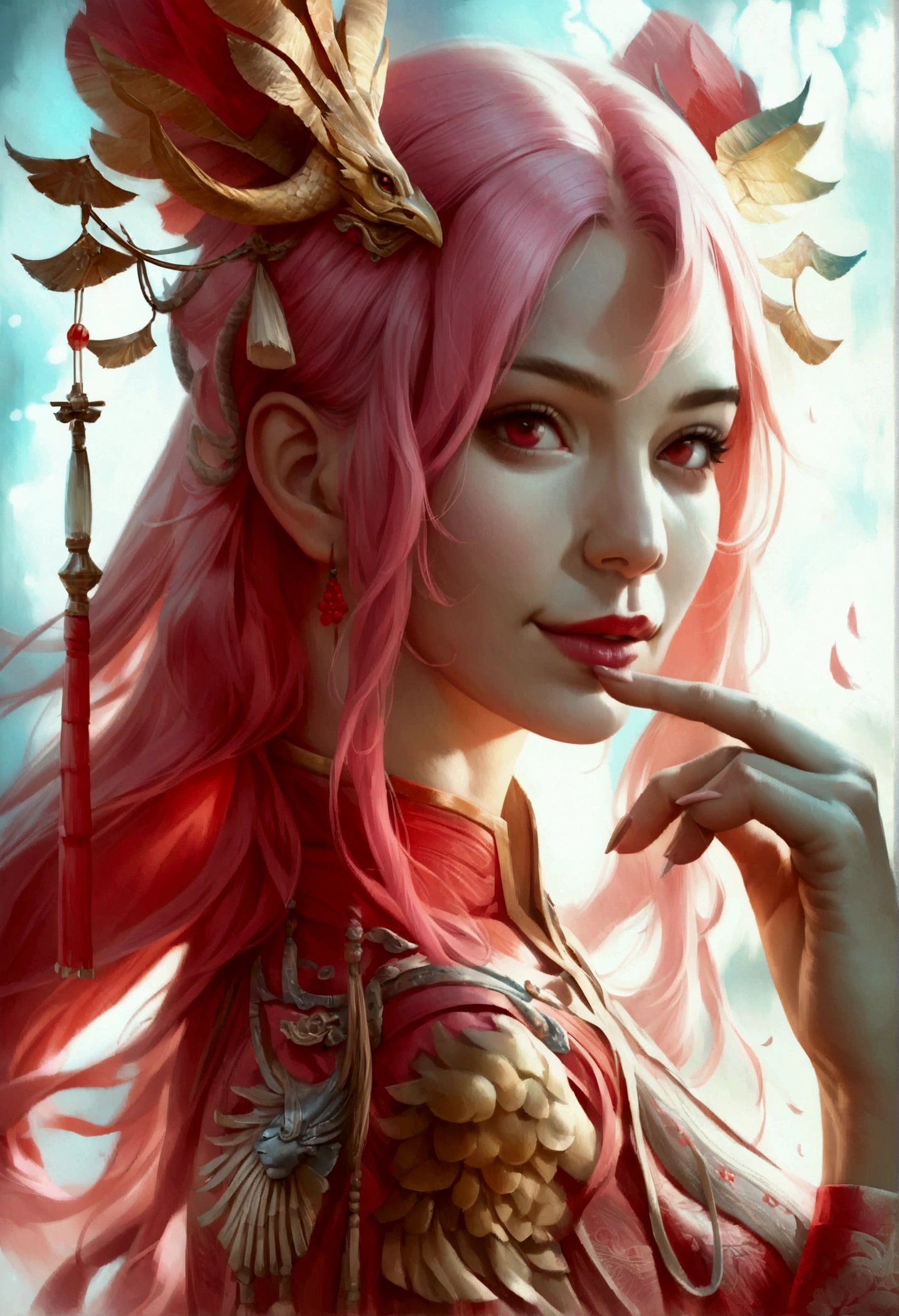 (Excellent: 1.2, Highest quality), (Realistic, Photorealistic: 1.4), Beautiful illustration, Low angle, Game, Ming Chao, Character, Long distance, Pink hair, Red eyes, Provocative smile, Index finger on lips, Perfect fingers, Perfect limbs, Two arms and legs, Beautiful clothes with a phoenix motif,NFSW