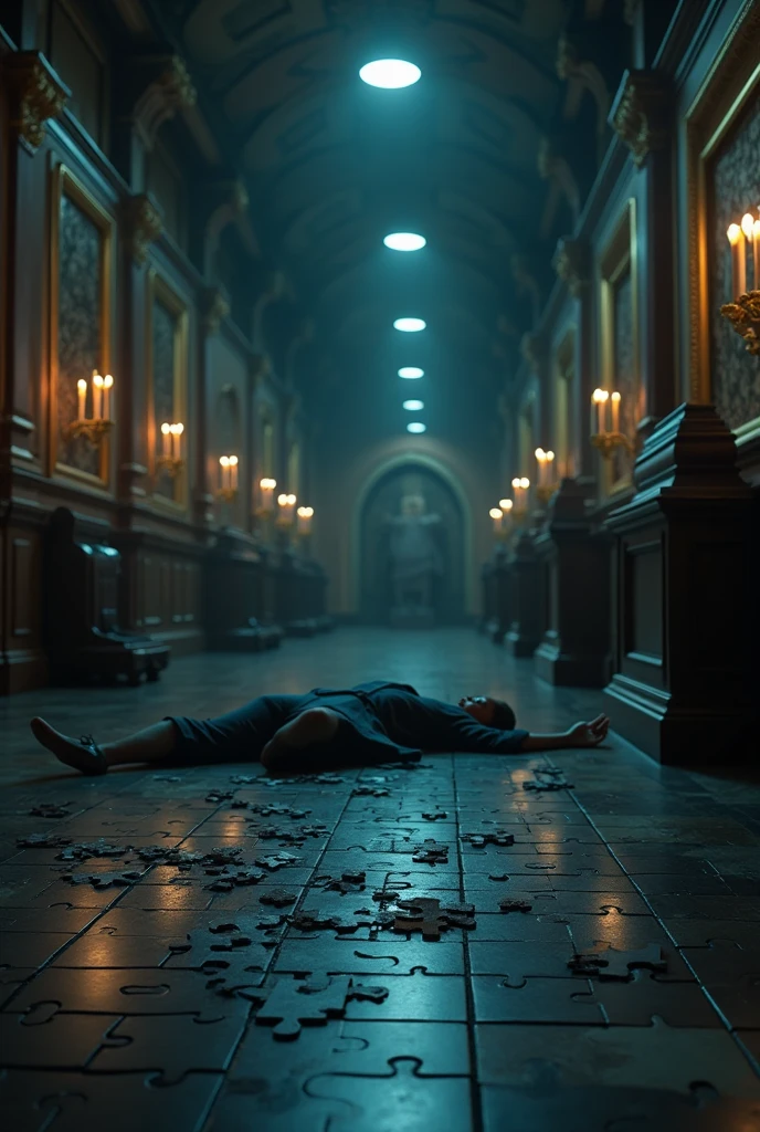 Create an image of a murder in a museum, At the scene there must be a puzzle with a missing piece and it must be nighttime. The victim must be there, not the murderer.