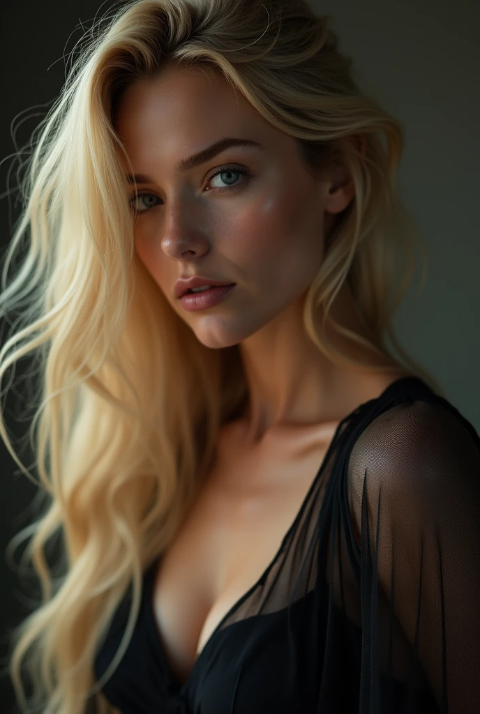 distant view, a sexy blonde woman, transparent dress, detailed face, beautiful eyes, luscious lips, elegant pose, studio lighting, dramatic lighting, cinematic, highly detailed, photorealistic, 8k, hyper realistic, dramatic colors, ethereal, mystical, atmospheric, intricate details, glowing skin, captivating expression