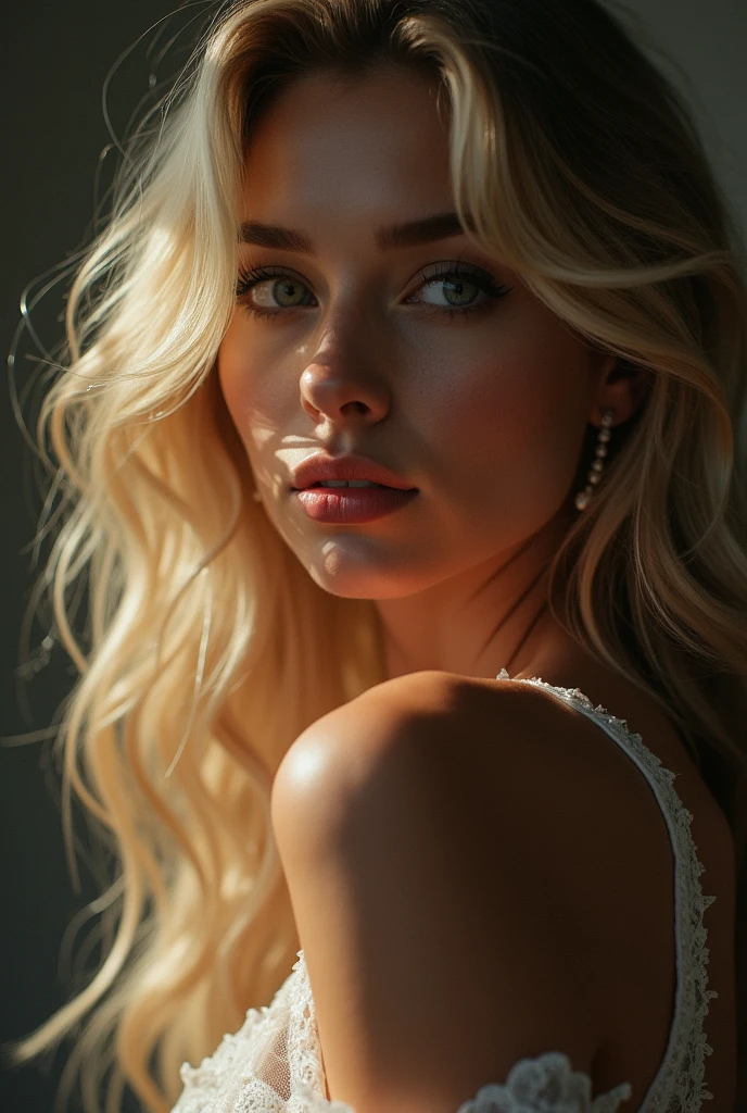 distant view, a sexy blonde woman, transparent dress, detailed face, beautiful eyes, luscious lips, elegant pose, studio lighting, dramatic lighting, cinematic, highly detailed, photorealistic, 8k, hyper realistic, dramatic colors, ethereal, mystical, atmospheric, intricate details, glowing skin, captivating expression