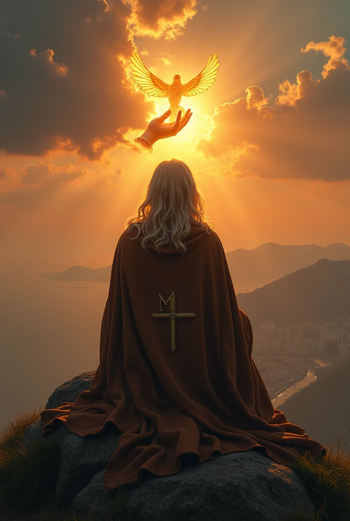 create an image for me, a with dark blonde hair, covered with a brown cloak with the symbol of a cross superimposed on the M, in back, sitting on top of a mountain, in the sky there is a hand that comes out of a cloud and a luminous dove of light and fire that touches the lips of the , facing a city and plantations that are being built on the sea side. with a contrast between sunset and night