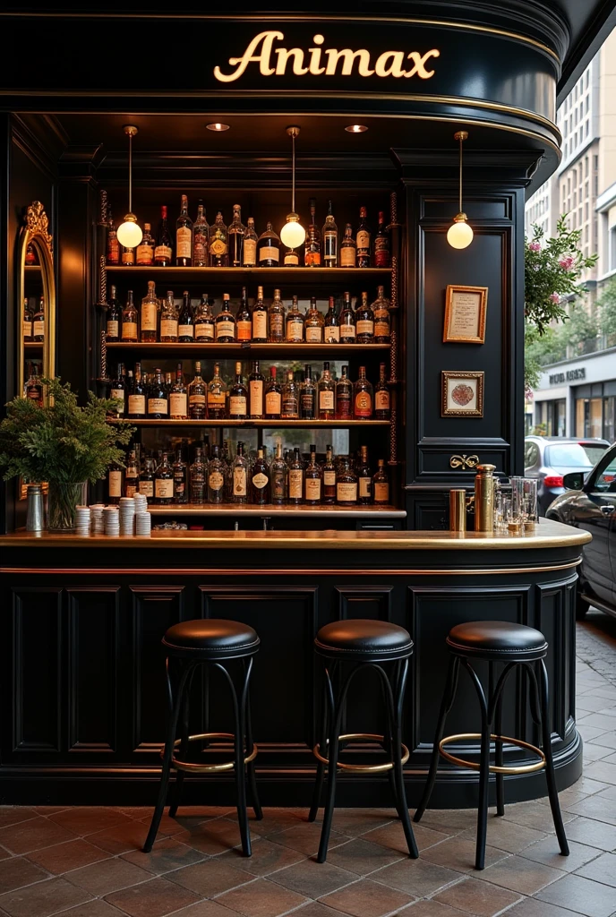 A tavern in black, white and gold with the word animax 