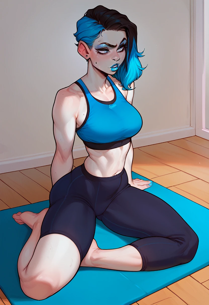 score_9, score_8_up, score_7_up, gwentd, 1girl, solo, two-tone hair, lipstick, makeup, blue sports bra, black sweatpants, splits, yoga, white skin, barefoot, sitting,