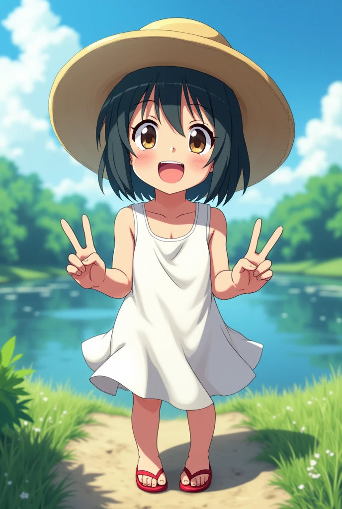 (((masterpiece))), Highest quality,Highest Resolution, Visual image of the anime, One Girl, , (Boyish), Flat Chest, Black Hair, short hair, (Sunburned skin), white one-piece dress ,Straw hat, Red sandals, White panties, squat,Naughty smile, Summer sky, River side, Japanese countryside, Cinema Lighting, Beautiful attention to detail,sunlight, Composition from the front, Top View, Peace sign with both hands