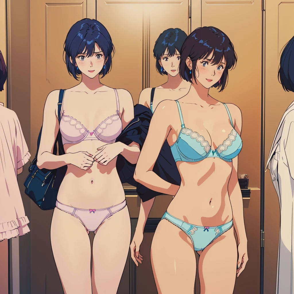 masterpiece, top quality, ultra detailed, (((((NOGAMI_SAEKO),bob cut, (SUMERAGI_AIKA), best anatomy, in underwear, (panties, elaborately designed luxury panties for adults, panties high definition images, draw panties with super precision), lace trimmed bra, extremely detailed texture, earrings, red lip, embarrassed, blush, smile)))), cowboy shot, (((underwear in dressing room))), white skin, (presenting panties), (display panties:1.5),holding panties with both hands