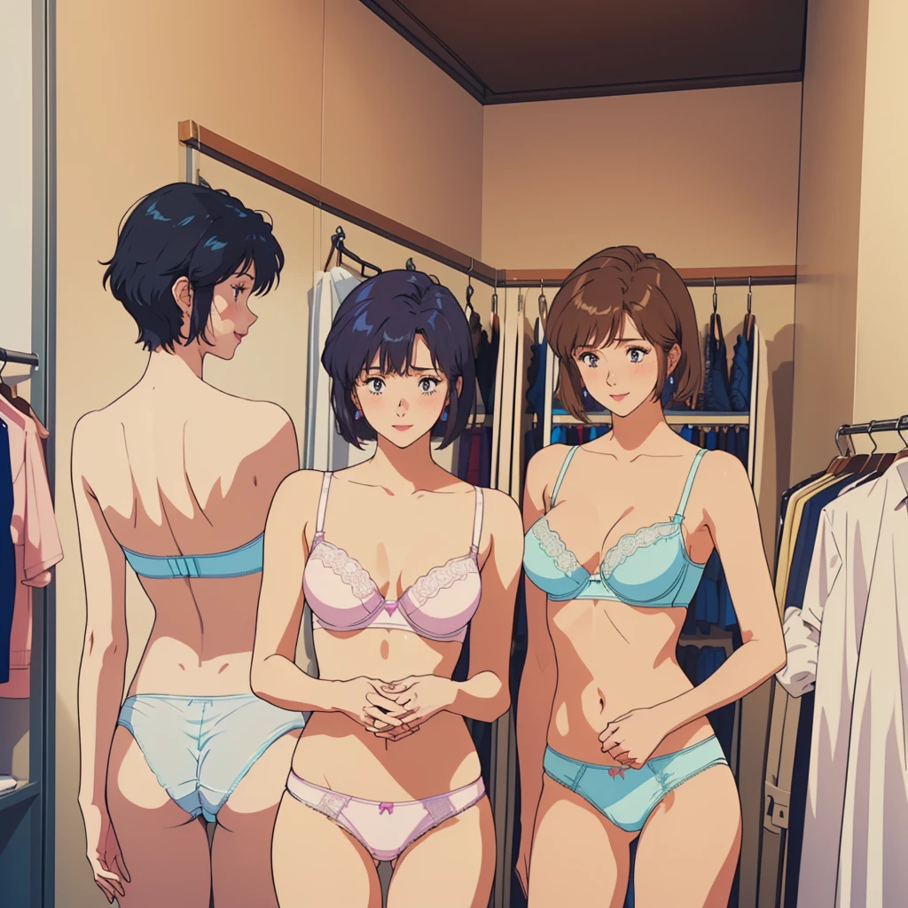 masterpiece, top quality, ultra detailed, (((((NOGAMI_SAEKO),bob cut, (SUMERAGI_AIKA), best anatomy, in underwear, (panties, elaborately designed luxury panties for adults, panties high definition images, draw panties with super precision), lace trimmed bra, extremely detailed texture, earrings, red lip, embarrassed, blush, smile)))), cowboy shot, (((underwear in dressing room))), white skin, (presenting panties), (display panties:1.5),holding panties with both hands
