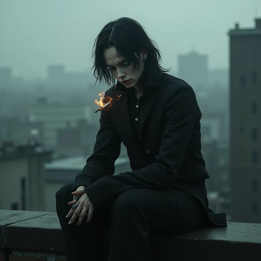 A sexy male with teal blue eyes and long black hair, with a nice and delicate facial features, dressed in gothic clothes, his skin is pale and white, he's smoking a cigarette while sitting the edge of the rooftop. He is looking unhappy. (Male) (Black and white) (Make it realistic) ((no facial hair)) ((no body hair)) ((gloomy atmosphere)) (smoky atmosphere)) ((masterpiece)) (gloomy) ((detailed)) ((looking down at the camera))