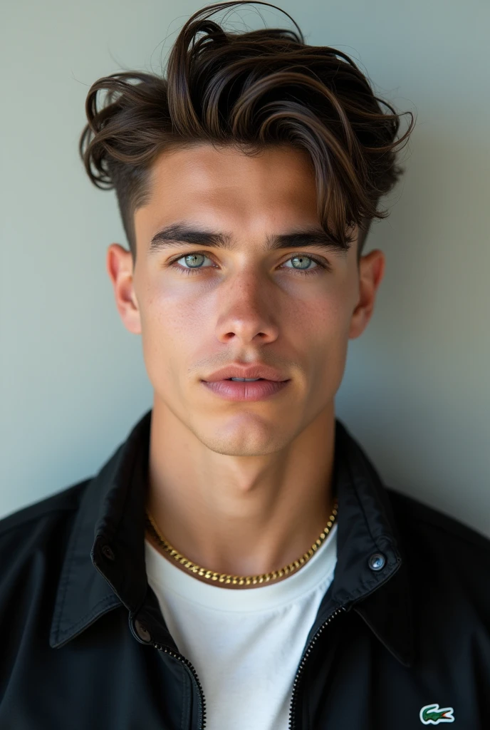 3x4 photo mugshot of a handsome italian
boy with an italian blue hazel eyes
look and taper fade wet hair wearing
a thin gold chain and a lacoste jacket
with a little smirk, a guy of 18 years