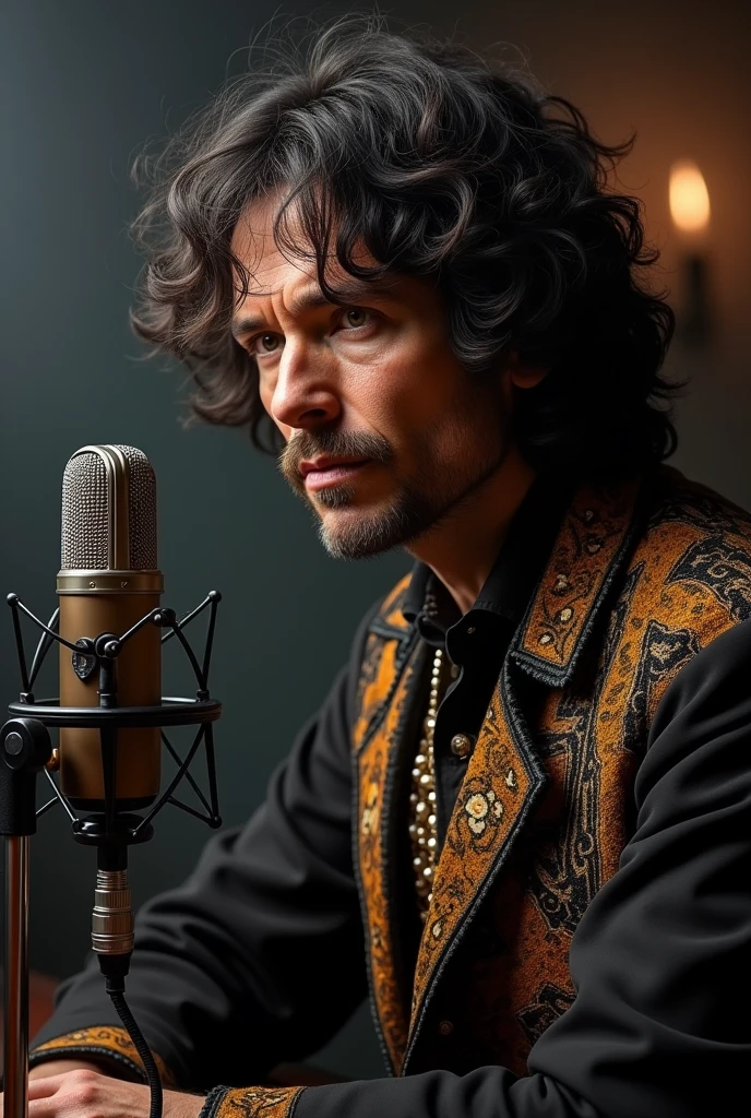 A photo-realistic portrait of Jim Morrison wearing headphones and sitting in front of a podcast microphone, detailed facial features, expressive eyes, ornate clothing, dramatic lighting, cinematic composition, moody atmospheric setting, rich color palette, cinematic tone