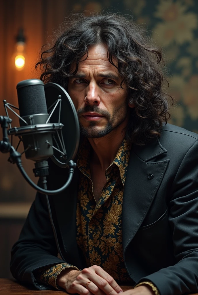 A photo-realistic portrait of Jim Morrison wearing headphones and sitting in front of a podcast microphone, detailed facial features, expressive eyes, ornate clothing, dramatic lighting, cinematic composition, moody atmospheric setting, rich color palette, cinematic tone