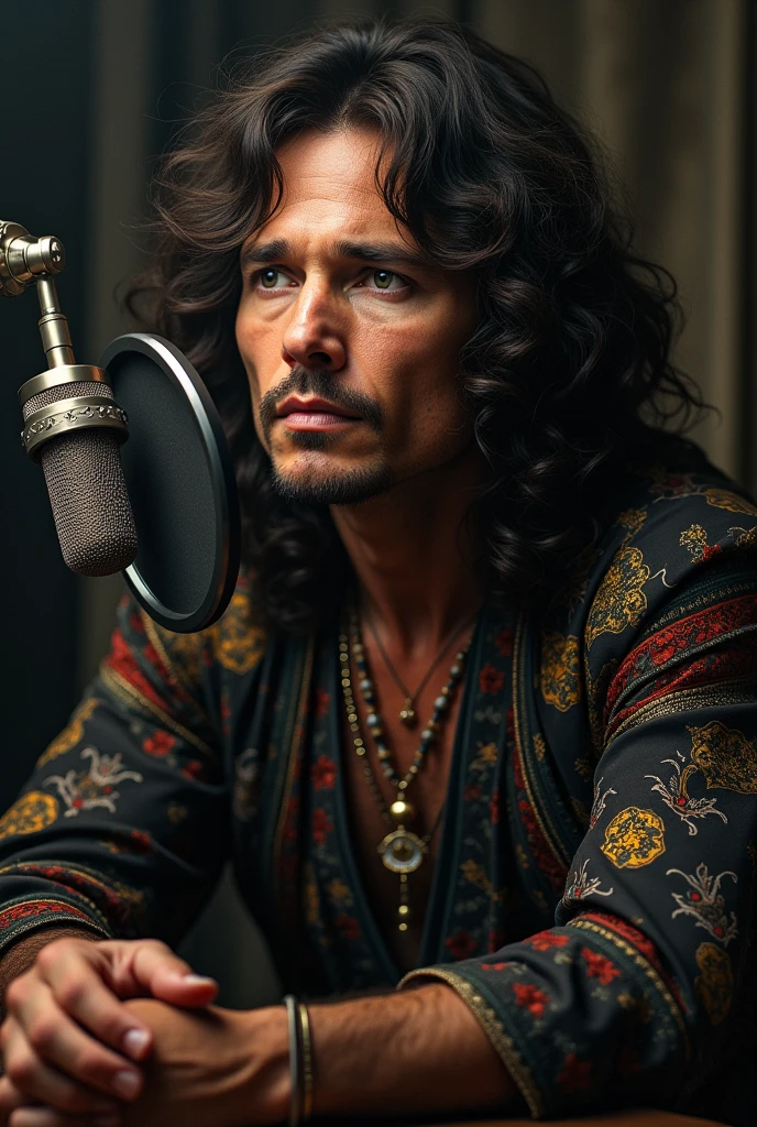 A photo-realistic portrait of Jim Morrison wearing headphones and sitting in front of a podcast microphone, detailed facial features, expressive eyes, ornate clothing, dramatic lighting, cinematic composition, moody atmospheric setting, rich color palette, cinematic tone