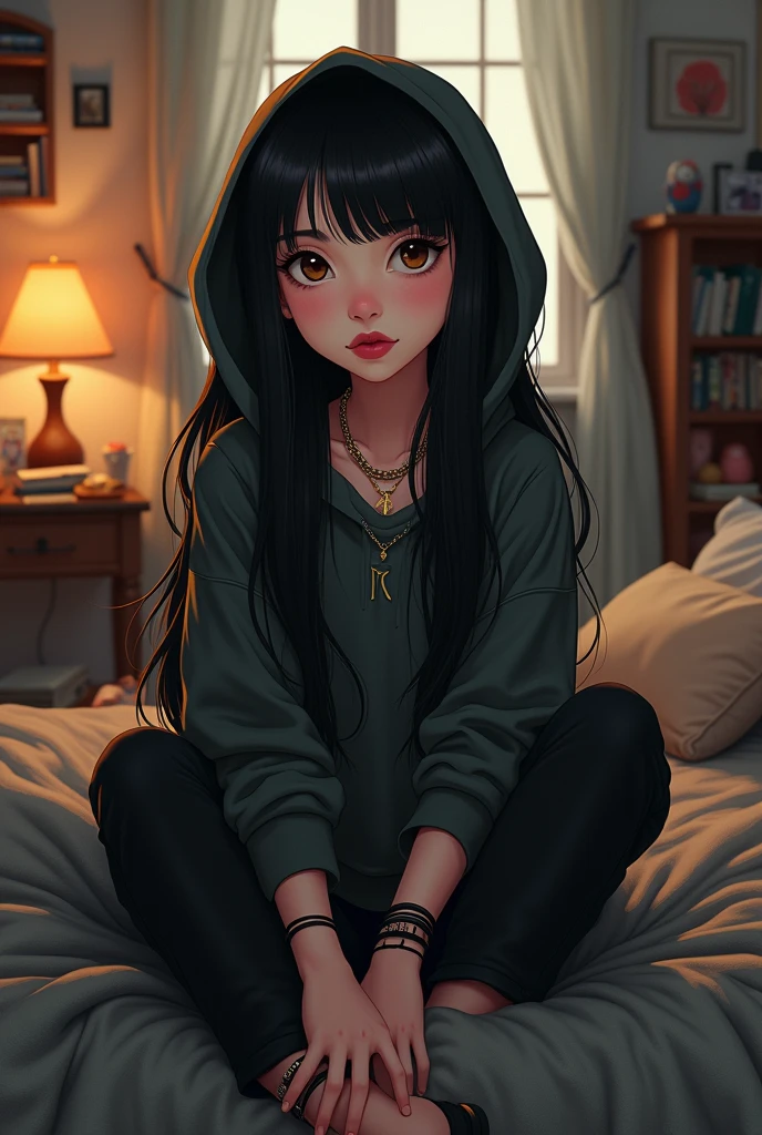I want a Disney version girl dressed in black pants and a green hooded sweatshirt. The girl has long black hair, long eyelashes, a red mouth. She is white-skinned and has brown eyes. She wears cover sneakers. She has a pendant on her neck that has the letter R on it. She has black bracelets on her hands. She is sitting in her room listening to music.