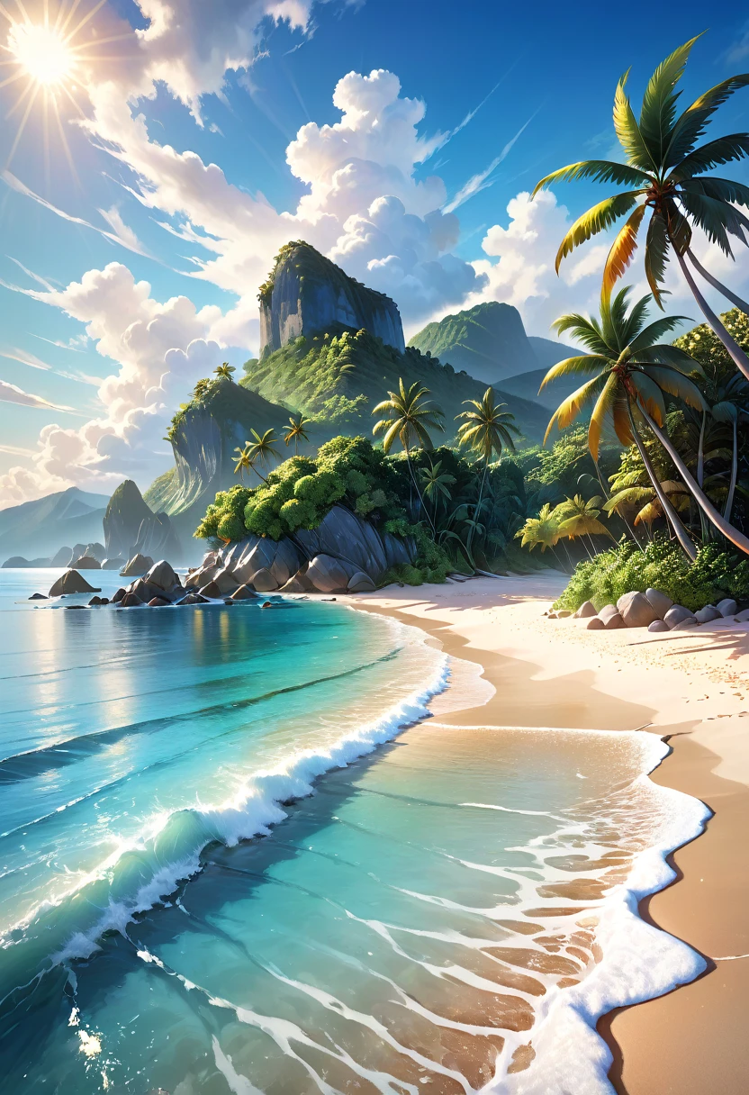 A tranquil seaside landscape, sun-drenched ocean, golden sand beach, beautiful detailed clouds, serene atmosphere, oil painting, lush tropical foliage, warm inviting light, soft pastel colors, enchanting dream-like quality, ultra-detailed, (best quality,4k,8k,highres,masterpiece:1.2),ultra-detailed,(realistic,photorealistic,photo-realistic:1.37),landscape,seascape,seascape painting,tropical paradise,idyllic beach scene,cinematic lighting,vibrant colors,stunning realism