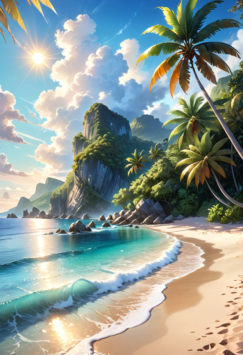 A tranquil seaside landscape, sun-drenched ocean, golden sand beach, beautiful detailed clouds, serene atmosphere, oil painting, lush tropical foliage, warm inviting light, soft pastel colors, enchanting dream-like quality, ultra-detailed, (best quality,4k,8k,highres,masterpiece:1.2),ultra-detailed,(realistic,photorealistic,photo-realistic:1.37),landscape,seascape,seascape painting,tropical paradise,idyllic beach scene,cinematic lighting,vibrant colors,stunning realism