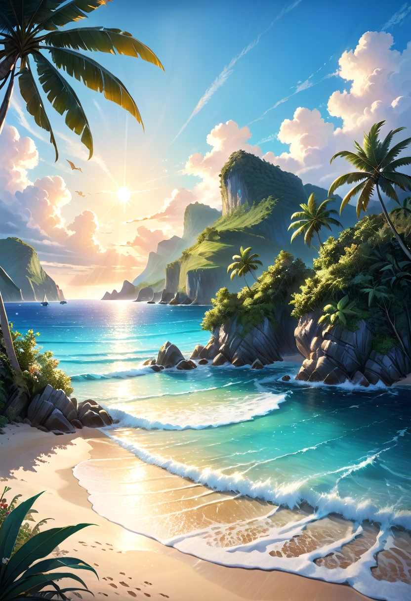 A tranquil seaside landscape, sun-drenched ocean, golden sand beach, beautiful detailed clouds, serene atmosphere, oil painting, lush tropical foliage, warm inviting light, soft pastel colors, enchanting dream-like quality, ultra-detailed, (best quality,4k,8k,highres,masterpiece:1.2),ultra-detailed,(realistic,photorealistic,photo-realistic:1.37),landscape,seascape,seascape painting,tropical paradise,idyllic beach scene,cinematic lighting,vibrant colors,stunning realism