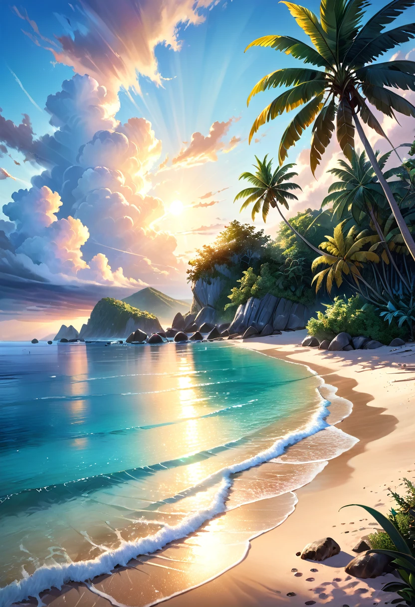A tranquil seaside landscape, sun-drenched ocean, golden sand beach, beautiful detailed clouds, serene atmosphere, oil painting, lush tropical foliage, warm inviting light, soft pastel colors, enchanting dream-like quality, ultra-detailed, (best quality,4k,8k,highres,masterpiece:1.2),ultra-detailed,(realistic,photorealistic,photo-realistic:1.37),landscape,seascape,seascape painting,tropical paradise,idyllic beach scene,cinematic lighting,vibrant colors,stunning realism