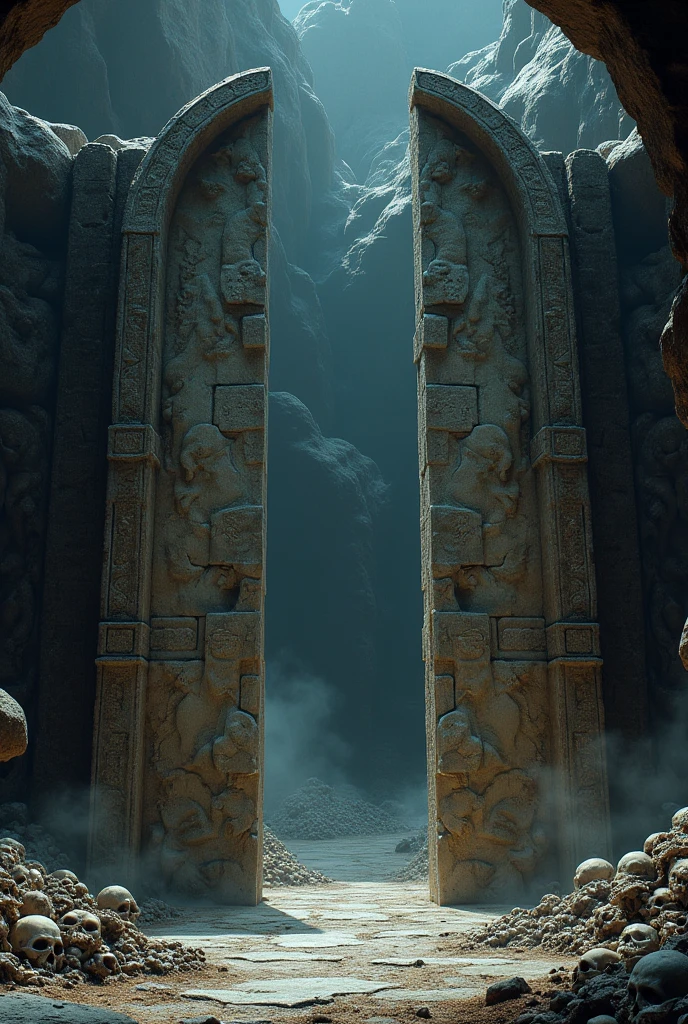 Giant stone doors and cave walls filled with skulls