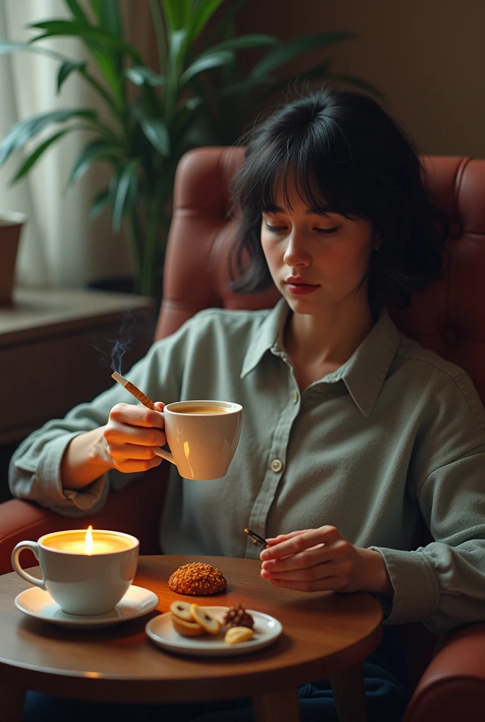 Warm coffee accompanied by cigarettes and snacks
