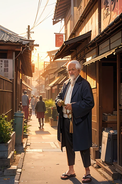 Under the sunset，By the trail，An old man is slowly weaving a bamboo basket，，Eyes with spirit。Surrounded by people busy going home，In stark contrast to her，Change anime style