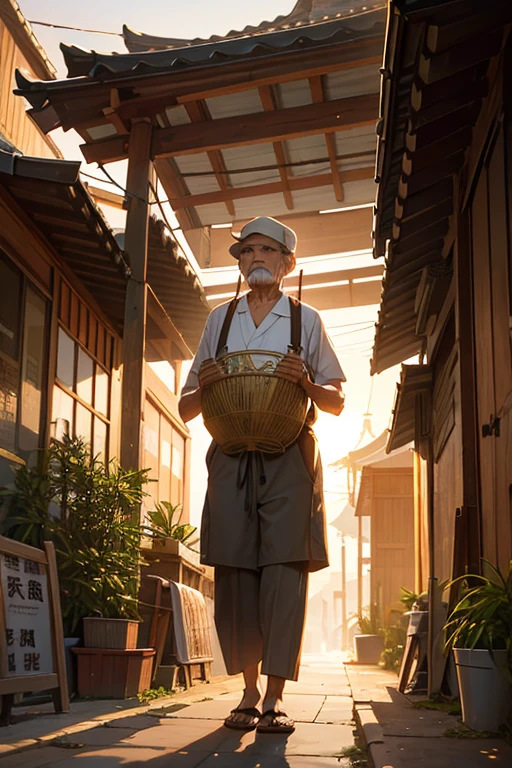 Under the sunset,By the trail,An old man is slowly weaving a bamboo basket,,Eyes with spirit。Surrounded by people busy going home,In stark contrast to her,Change anime style