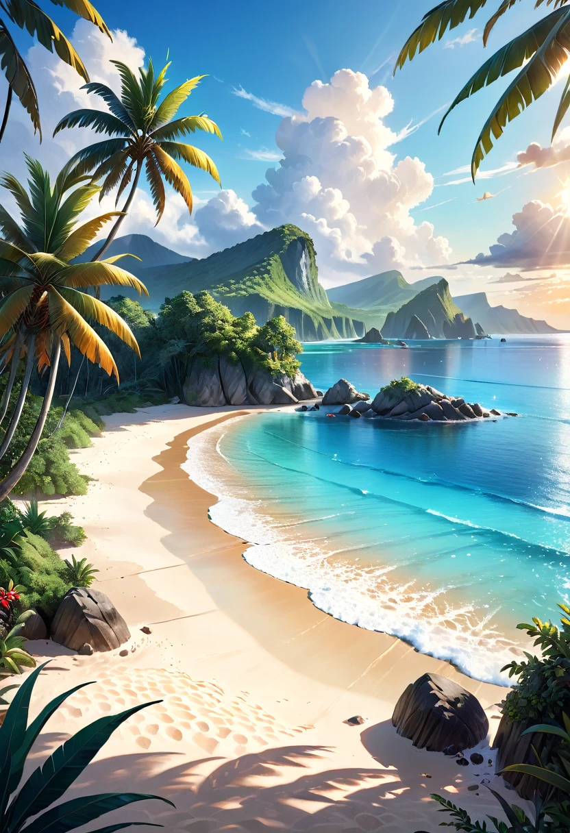 A tranquil seaside landscape, sun-drenched ocean, golden sand beach, beautiful detailed clouds, serene atmosphere, oil painting, lush tropical foliage, warm inviting light, soft pastel colors, enchanting dream-like quality, ultra-detailed, (best quality,4k,8k,highres,masterpiece:1.2),ultra-detailed,(realistic,photorealistic,photo-realistic:1.37),landscape,seascape,seascape painting,tropical paradise,idyllic beach scene,cinematic lighting,vibrant colors,stunning realism