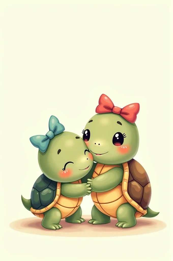 Cartoon of 2 little turtles with a bow on their heads hugging each other