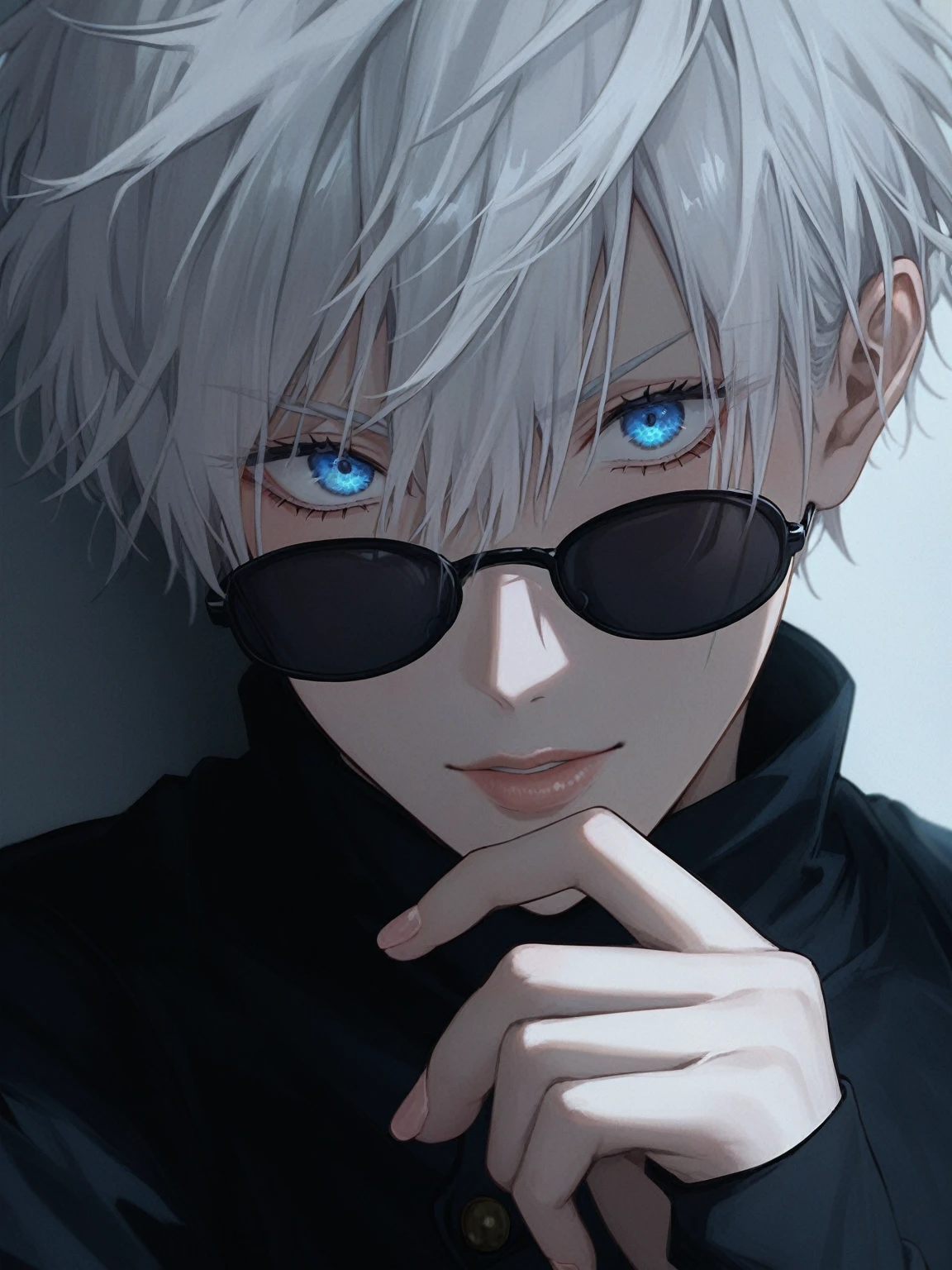 A close-up of a girl wearing a black turtleneck uniform, Satoru Gojo, Satoru Gojo female version, a girl with long, wavy white hair, bright blue eyes like Satoru Gojo from Jujutsu Kaisen, wearing thin-framed black sunglasses round shape, ((portrait)), ((detailed face:1.2)), ((anime face, anime facial feature, clear skin, glossy anime lips, clear skin), feminine features, fine details, anime, art.