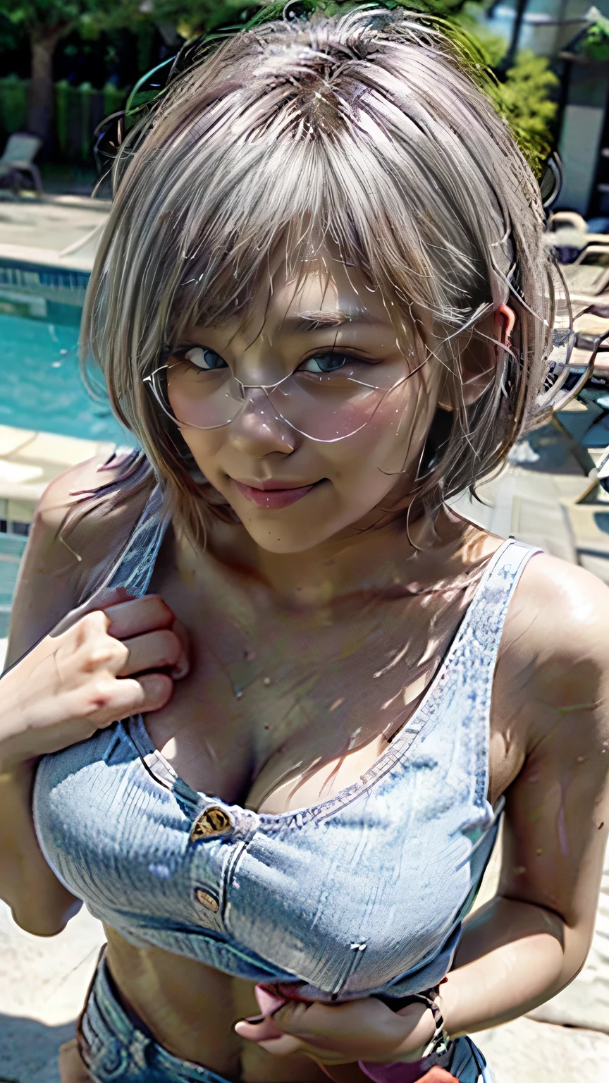 (Girl in the pool in summer、-yeld be forward and lifts her chest、Wear glasses)、Blue sky and outdoor pool、(Realistic、Like a photograph、Live Action、8k, Realistic, RAW Photos, Best image quality: 1.4), Single-lens reflex camera、RAW Photos, Highest quality, Realistic, Very detailed CG Unity 8k wallpaper, Written boundary depth, Cinematic Light, Lens flare, Ray Tracing, Realistic background、(Wearing denim shorts、Wearing a T-shirt:1.5、I can see your belly)、((Ultra-dense skin))、Cute Japan Girl、((whole body:1.5)，smile、(Silver Hair、Silver short hair:1.5)、I like that style、stylish、Very detailed、Pay attention to the details、Perfect outfit、(Sunburned skin)、Beautiful legs:1.1，Accurate body、Anatomically correct body、Detailed feet、Accurate fingering、Super detailed face、View from above