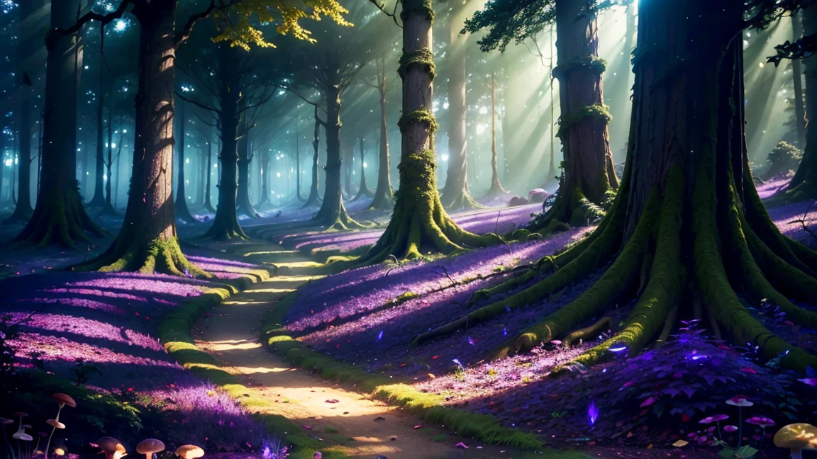 a beautiful enchanted forest, purple leaves, glowing mushrooms, lush vegetation, sunlight filtering through the trees, mystical atmosphere, highly detailed, intricate foliage, fantasy landscape, vibrant colors, photorealistic, cinematic lighting, ethereal quality, dramatic shadows, 8k, HDR, hyper detailed