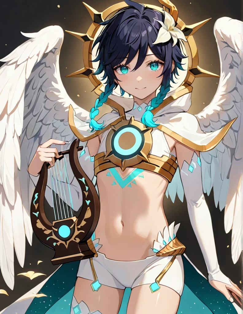 ventiarc, hair flower, crop top, bridal gauntlets, hooded capelet, white shorts, single thighhigh, feathered wings, midriff, naked, male nipples, male dick, femboy, 1boy, solo ,White