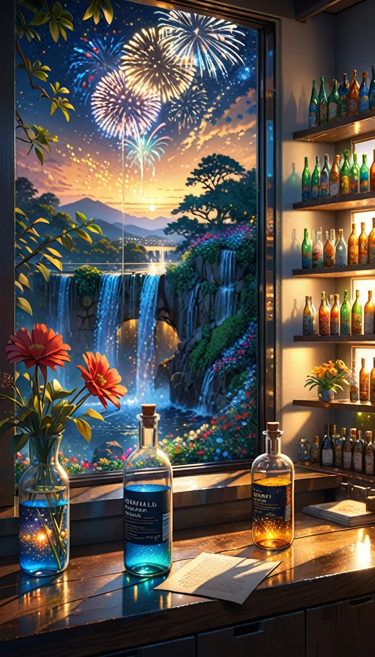 (masterpiece, Highest quality, Very detailed:1.2, Realistic, super photoRealistic, Realistic illustration, 8k),
Professional Color Grading, Sharp focus, Professional Lighting, Depth of written boundary, ((landscape)), ((Science fiction movies)), ((Concept Art))
Bottle close-up,
The colors of the flowers sparkle、afternoon, waterfall, Big tree, Starry Night, sunset, City in a glass bottle, filling glass bottle with the sparkling Starry Night and city, filling glass bottle with the sunset view, Many glass bottles on the shelf, The shelves are kept in the house, contrast,local,firework:2