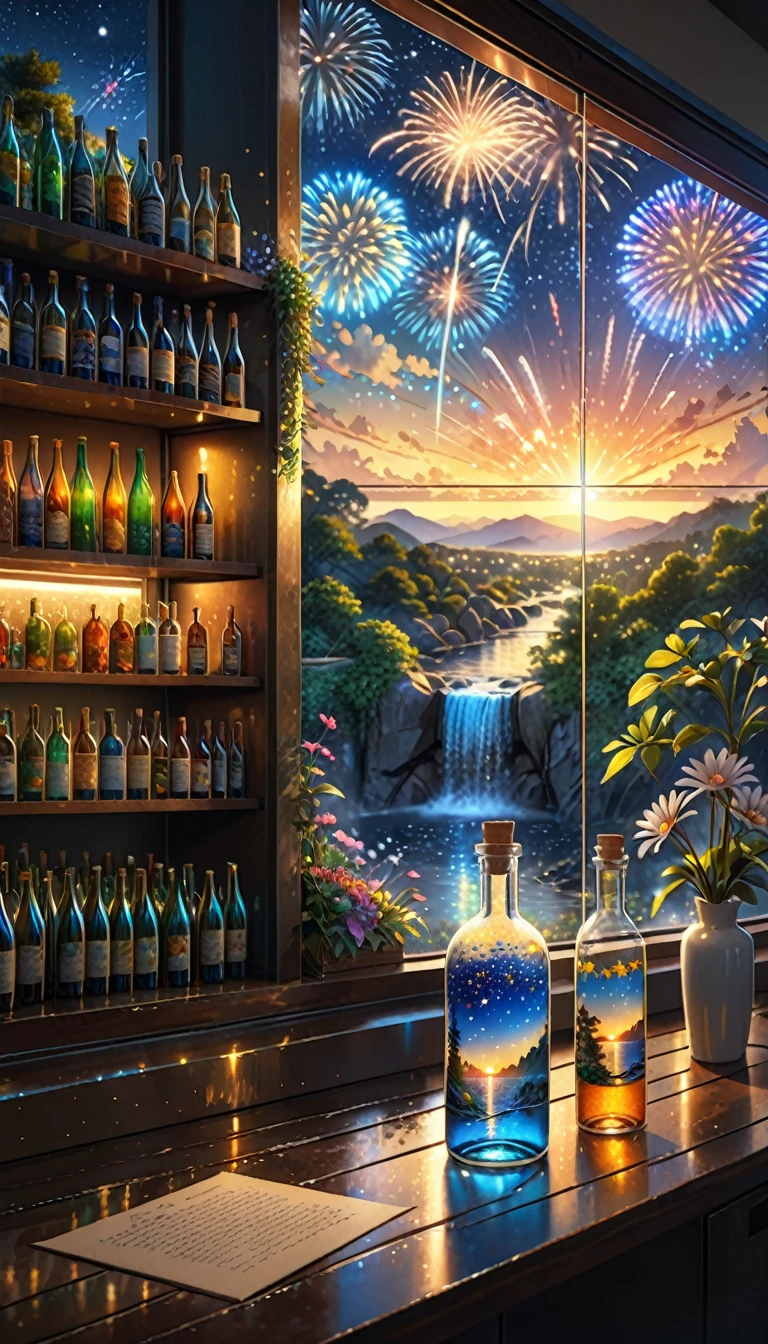 (masterpiece, Highest quality, Very detailed:1.2, Realistic, super photoRealistic, Realistic illustration, 8k),
Professional Color Grading, Sharp focus, Professional Lighting, Depth of written boundary, ((landscape)), ((Science fiction movies)), ((Concept Art))
Bottle close-up,
The colors of the flowers sparkle、afternoon, waterfall, Big tree, Starry Night, sunset, City in a glass bottle, filling glass bottle with the sparkling Starry Night and city, filling glass bottle with the sunset view, Many glass bottles on the shelf, The shelves are kept in the house, contrast,local,firework:2