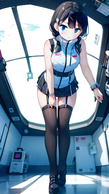 (Highest quality), (masterpiece), 1080P, High resolution, 4K, 8k, Inside the space station、Futuristic room、Thigh straps, Shooting from directly below, The woman on top of me, 白いSweat, Covered , Sweat, Woman looking down, Skirt swimsuit, Thigh-high socks, To achieve this, 16 years old, , whole body, Black leather shoes, Braided hair, Inner Color, Embarrassed face, Short black hair, bracelet, Bedroom,celestial body_Vest