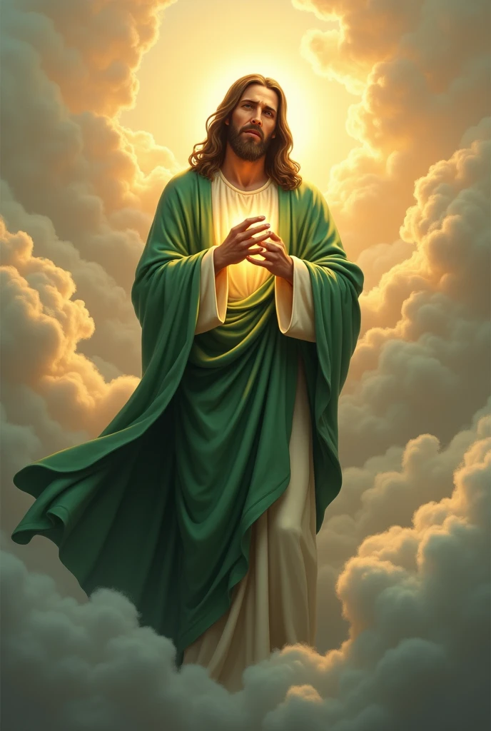 (photorealism:1.2), handsome Jesus Christ, crying while praying in the clouds, wearing green king clothes with light in his head and heart spreading all over in the clouds, perfect Jesus Christ, real Jesus Christ, perfect five hands, perfect crying face, elegant, soft lighting, many clouds, stand straight, realistic, intricate details, warm colors, by Earl Cornelio Necor