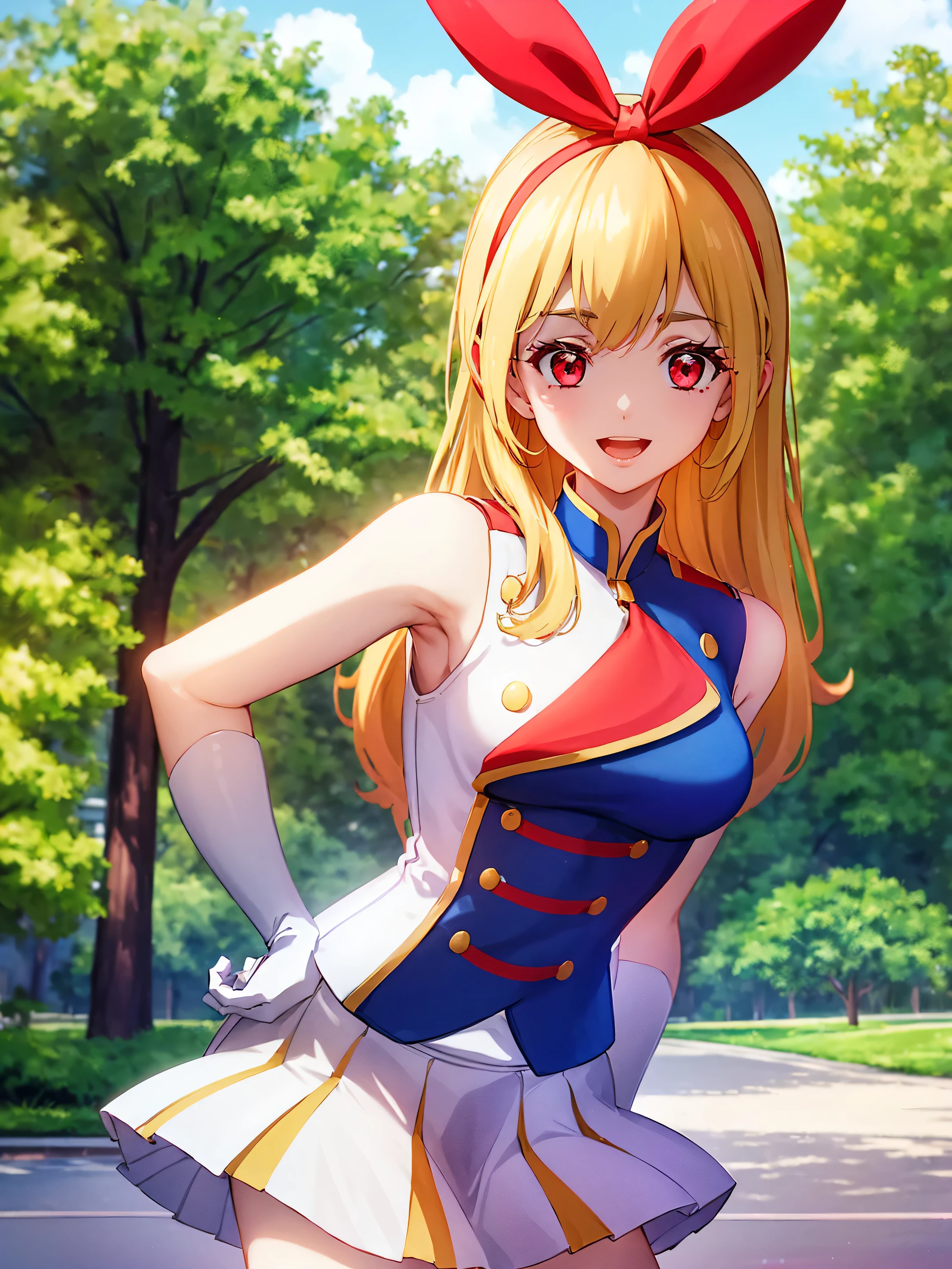 (red ribbon on hairband:1.2),masterpiece, best quality, highres, 1girl, solo, Blonde hair, RED eyes, mole under eye, band uniform, sleeveless, white gloves, pleated skirt, knee boots, cowboy shot, hand on hip, smile, open mouth, outdoors