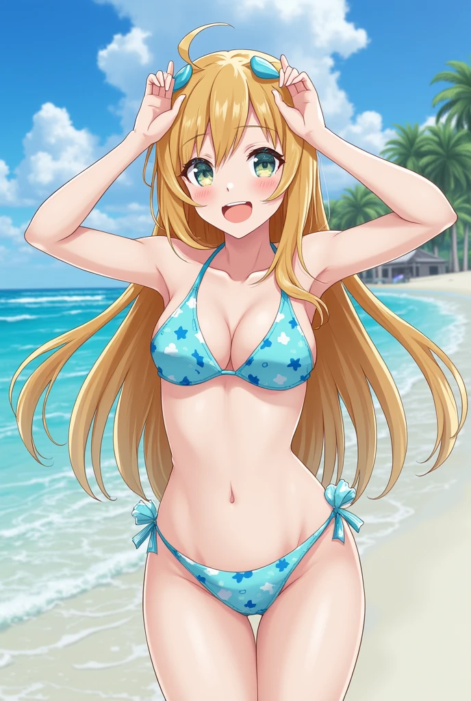 Asuna (Blue Archive)、Female 1 person、solo、Long Hair、chest、Staring at the audience、blush、bangs、blue eyes、ribbon、belly button、water着、ストリングwater着、V 字ストリングwater着、V 字ワンピースwater着、ヘアribbon、Thighs、Outdoor、null、barefoot、Different costumes、Daytime、cloud、water、stomach、mole、Hair over one eye、青null、Wet、ミニマルカバーモノキニマイクロ V 字 G ストリングワンピースwater着、Ocean、Halo、Beach、Crouching、Light Brown Hair、青いミニマルカバーモノキニマイクロ V 字 G ストリングワンピースwater着、Partially visible vulva、強調されたchest