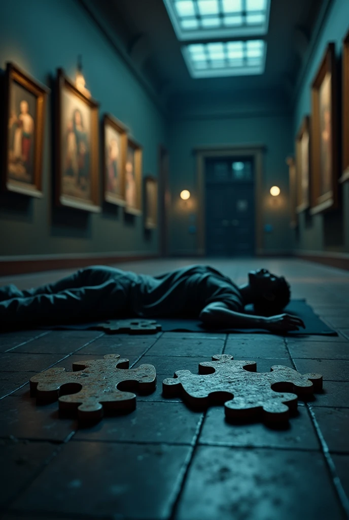 Create an image of a murder in a museum, At the scene there must be a puzzle with a missing piece and it must be nighttime. The victim must be there, not the murderer.. The image should be a little bit far away. The dream does not have to be a puzzle, there should only be one next to the person. The puzzle must be put together but one piece is missing. Back on the floor is not a puzzle there is just a complete board next to the person