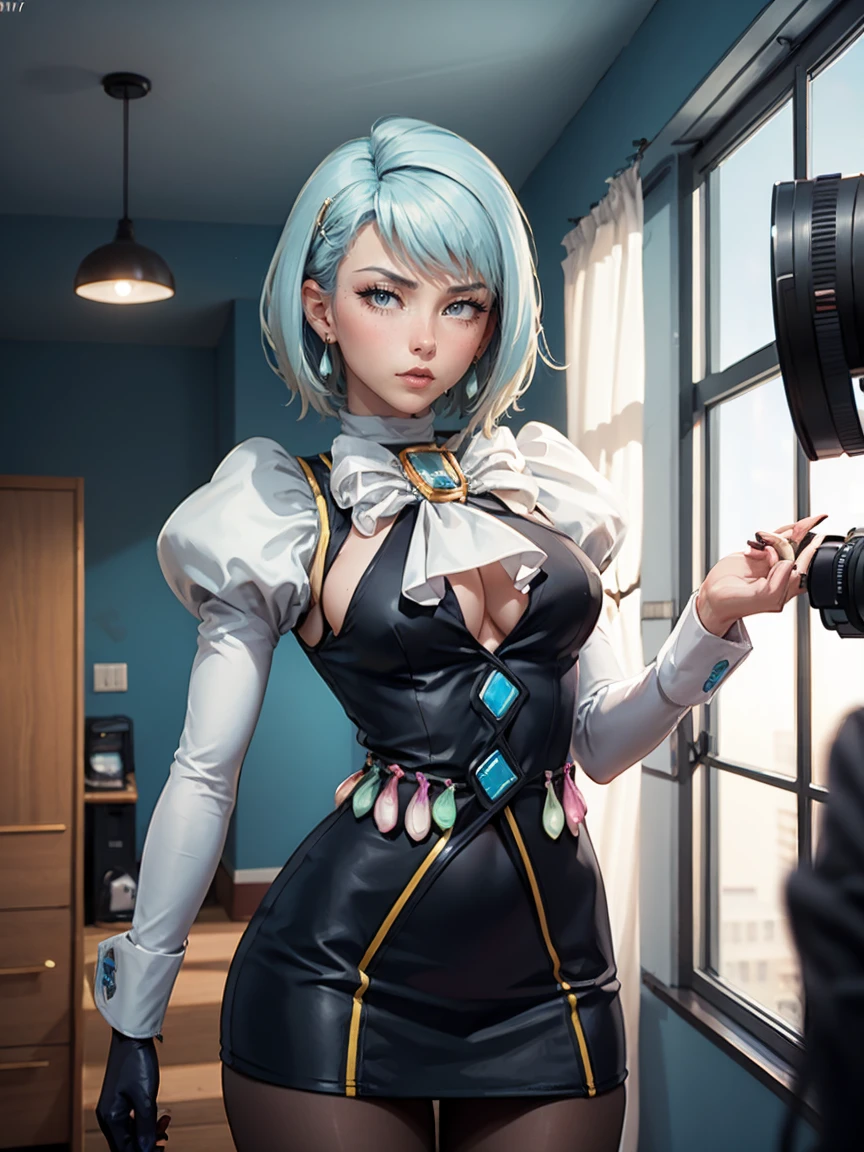 8k, ray tracing, vibrant colors, (aafranziska, light blue hair:1.5), ascot, puffy sleeves, pencil skirt, pantyhose, black gloves, jewelry, earrings, slim figure, masterpiece, sharp focus, Best Quality, depth of field, cinematic lighting, very detailed clothes, (condom belt, condom hair ornament:1.4), ((so embarrassed, blush)), elbow gloves, Perfect eyes, perfect hair, Rich in details and textures, masterpiece, Best Quality, beautiful girl, Sun light, chiaroscuro, (perfect hands:0.7, Clean hands:0.7), ((((Professional photography)))), ((Dream)), Whole body